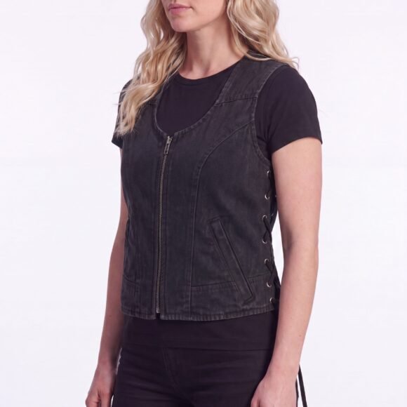 womens black denim v neck vest | zipper | side laces