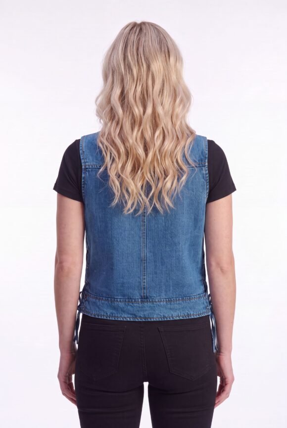 womens blue denim v neck vest | zipper and side laces