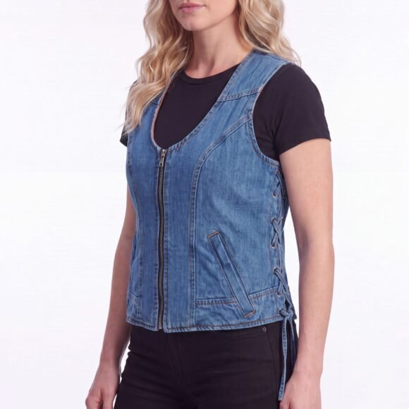 womens blue denim v neck vest | zipper and side laces