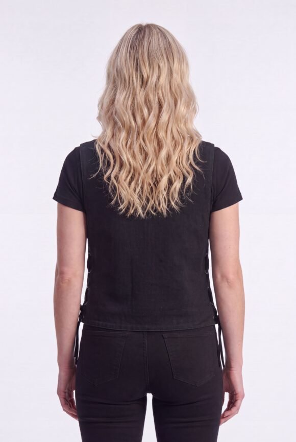 womens black denim v neck vest | snap opening | side laces