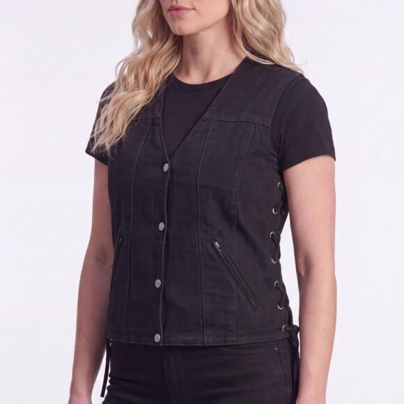 womens black denim v neck vest | snap opening | side laces