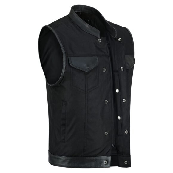 mens black textile | leather trimmed club style vest | zipper