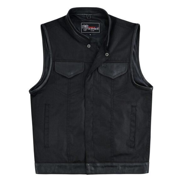 mens black textile | leather trimmed club style vest | zipper