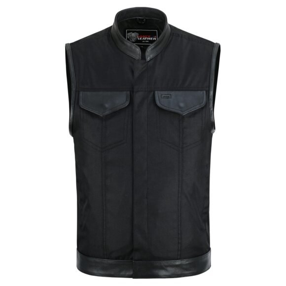 mens black textile | leather trimmed club style vest | zipper