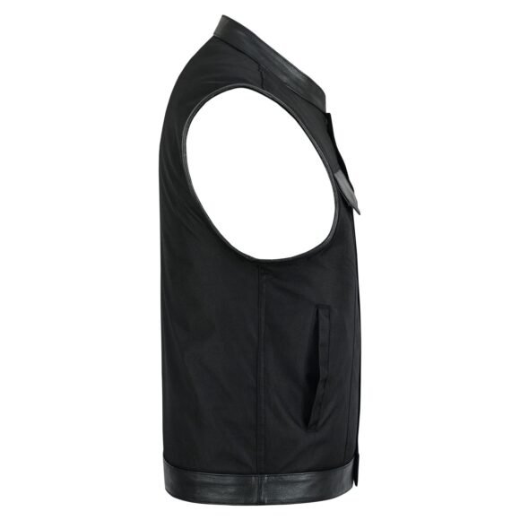 mens black textile | leather trimmed club style vest | zipper