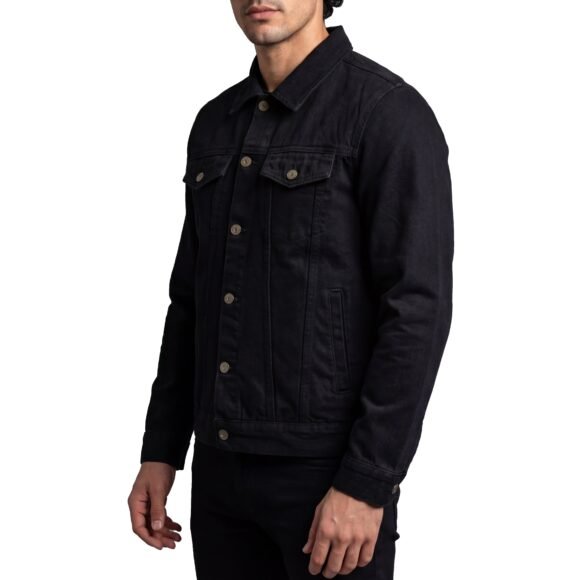 vance mens black heavy duty denim button front motorcycle jacket, jean jacket for men