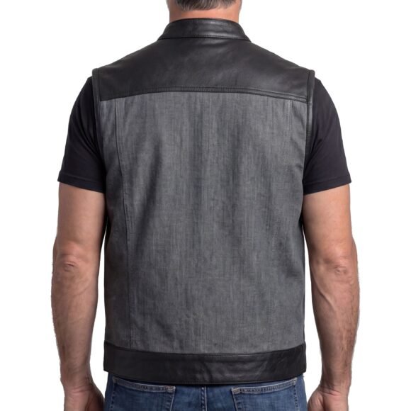 mens grey denim | leather motorcycle vest | ccw pockets