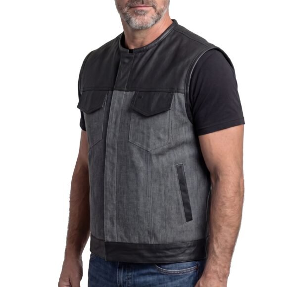 mens grey denim | leather motorcycle vest | ccw pockets