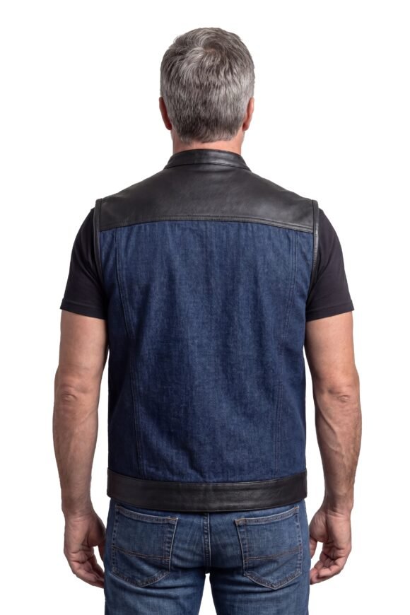 mens blue denim biker vest | leather trim