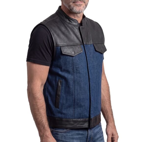 mens blue denim biker vest | leather trim