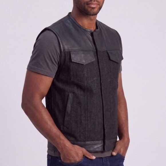 mens denim | leather club vest | ccw pockets| snap | zipper closure