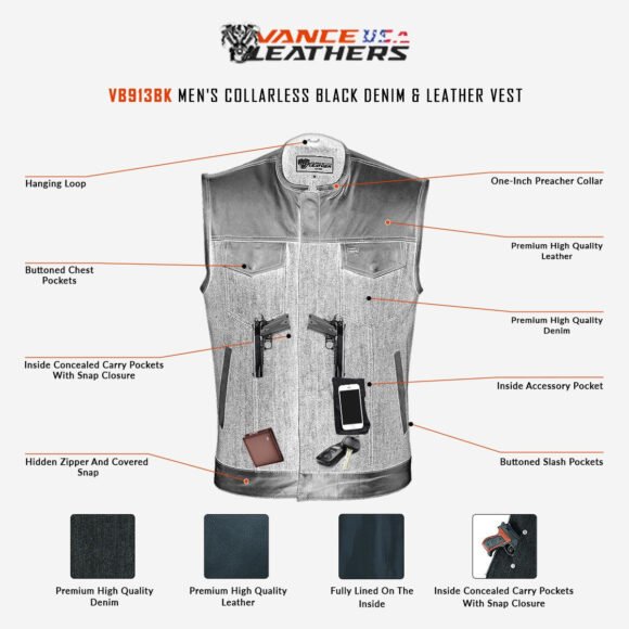 mens denim | leather club vest | ccw pockets| snap | zipper closure