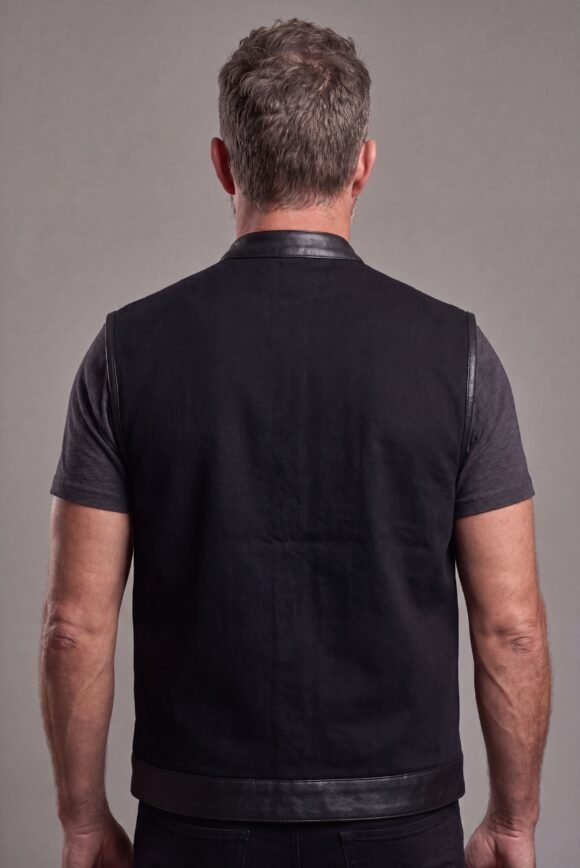 mens black denim club vest | leather trims