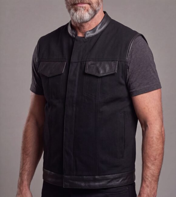 mens black denim club vest | leather trims