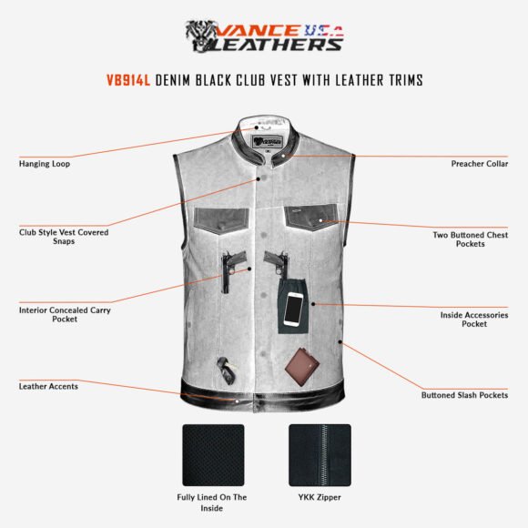 mens black denim club vest | leather trims