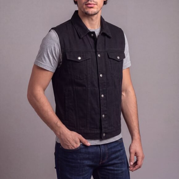 mens black jean style denim biker vest