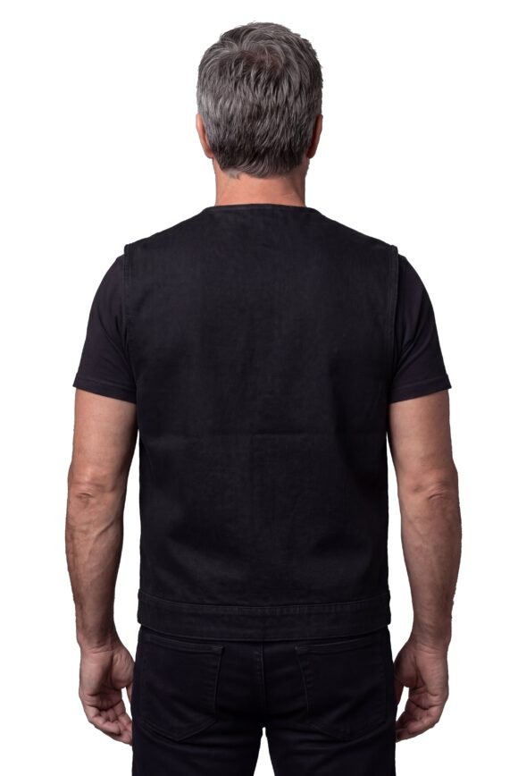 mens black denim collarless club style vest | conceal carry pockets