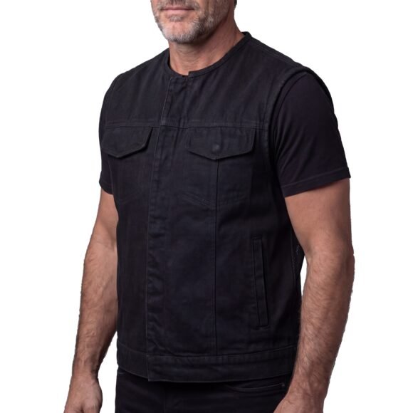 mens black denim collarless club style vest | conceal carry pockets