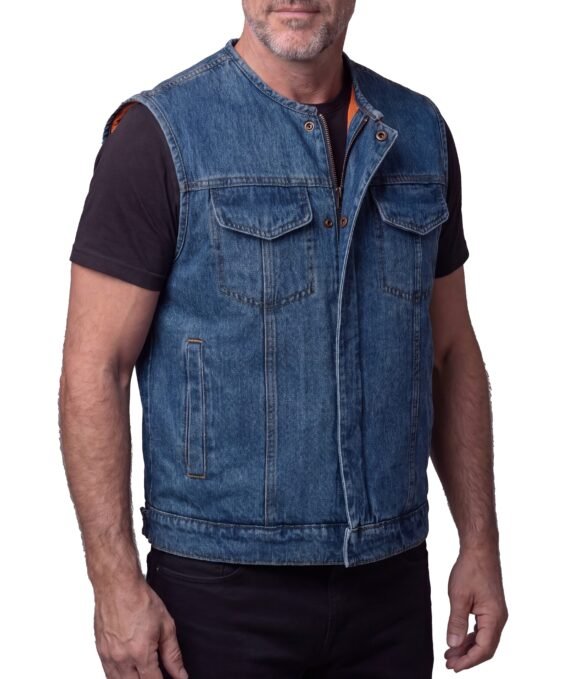 mens blue denim collarless club vest | ccw pockets