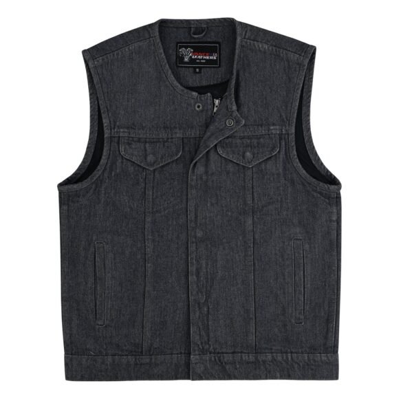 mens distressed grey denim collarless club vest | conceal carry pockets
