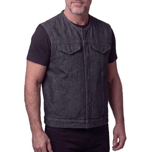mens distressed grey denim collarless club vest | conceal carry pockets