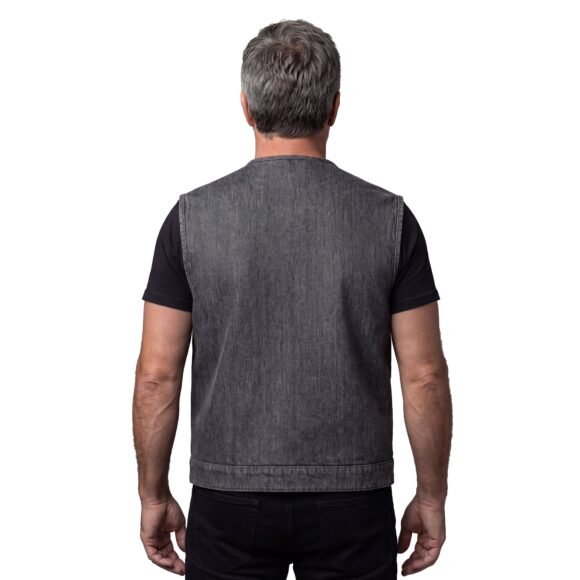 mens distressed grey denim collarless club vest | conceal carry pockets