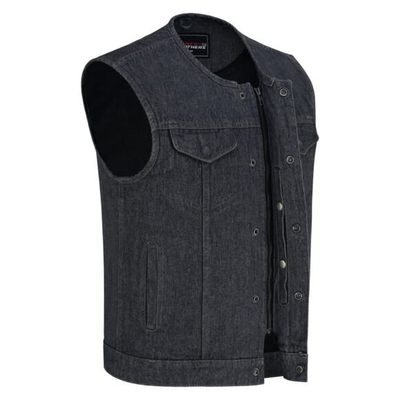 mens distressed grey denim collarless club vest | conceal carry pockets
