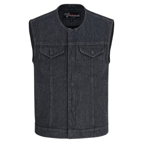mens distressed grey denim collarless club vest | conceal carry pockets