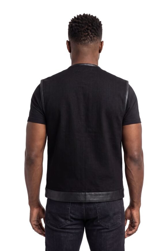 vance mens black denim collarless club vest | leather trims
