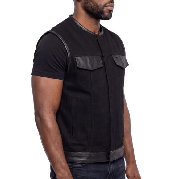 vance mens black denim collarless club vest | leather trims
