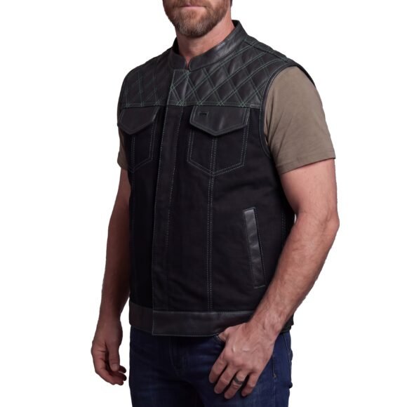 mens denim | leather motorcycle vest | conceal carry pockets | green stitching.