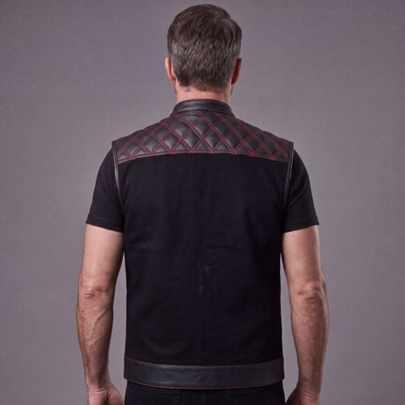 mens denim | leather motorcycle vest | ccw pockets | red stitching.