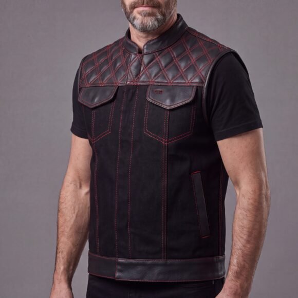 mens denim | leather motorcycle vest | ccw pockets | red stitching.