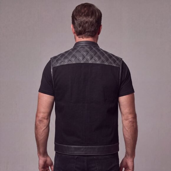 mens denim | leather motorcycle vest | conceal carry pockets | white stitching