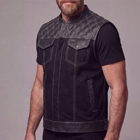 mens denim | leather motorcycle vest | conceal carry pockets | white stitching