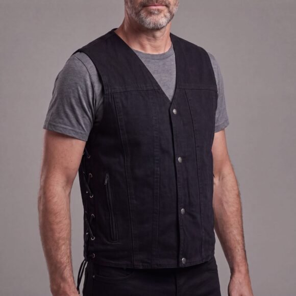 vance mens black v neck denim vest for bikers