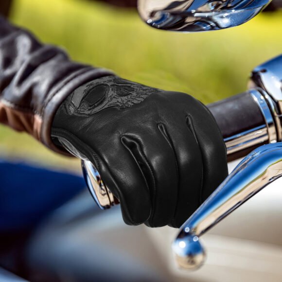 leather premium leather motorcycle glove riding gloves with reflective skull design gel palm | touchscreen capability