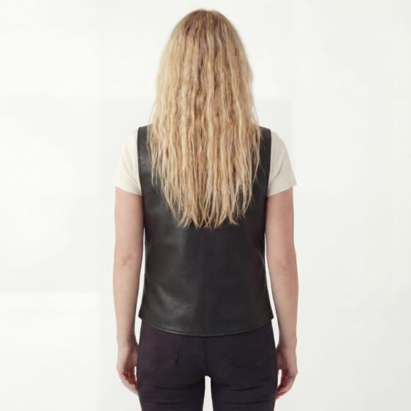 womens black leather lady vest | five snap