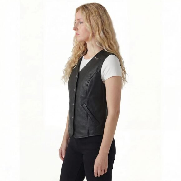 womens black leather lady vest | five snap