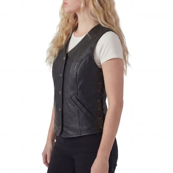 ladies leather economy five snap vest | lace side