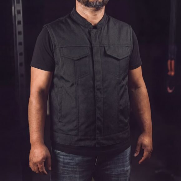 mens black textile club style biker vest | front zipper