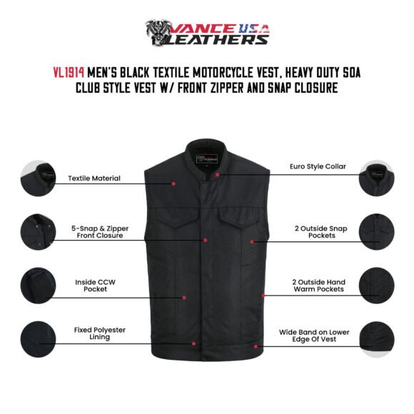 mens black textile club style biker vest | front zipper