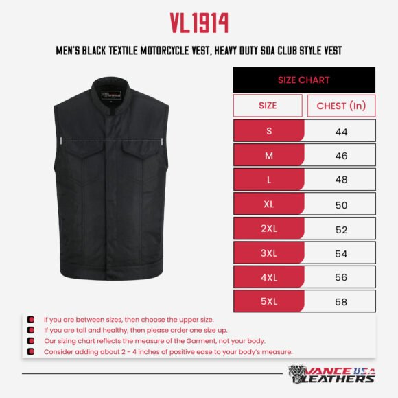 mens black textile club style biker vest | front zipper