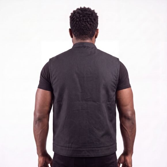 mens black textile club style biker vest | front zipper