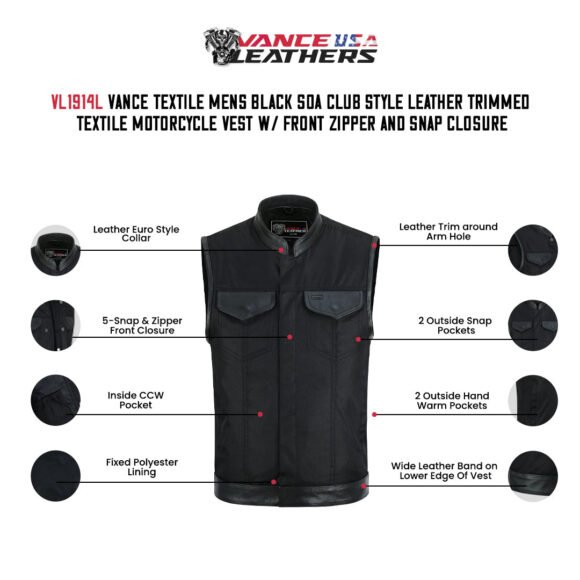 mens black textile | leather trimmed club style vest | zipper