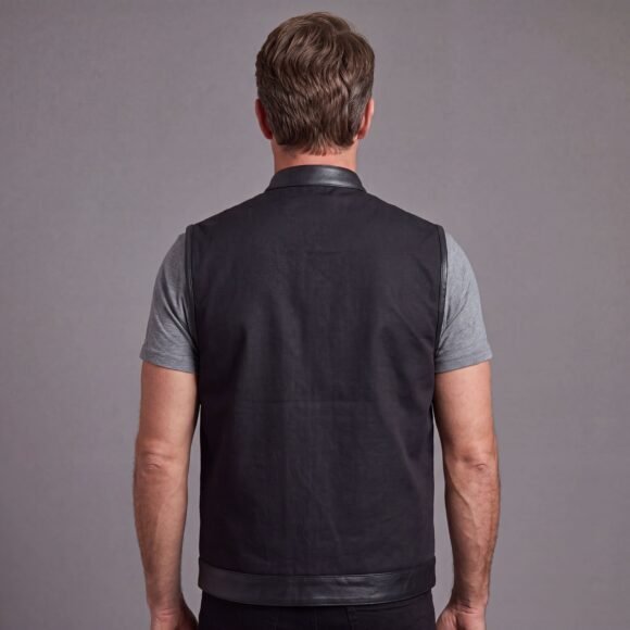 mens black textile | leather trimmed club style vest | zipper