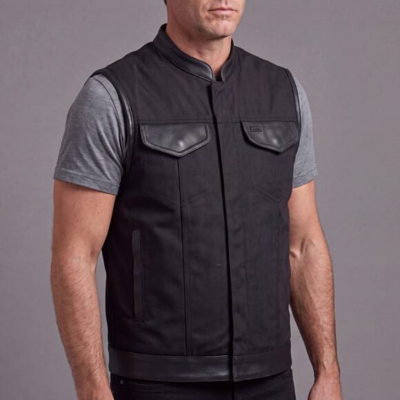 mens black textile | leather trimmed club style vest | zipper