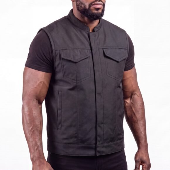 mens black textile club style biker vest | front zipper