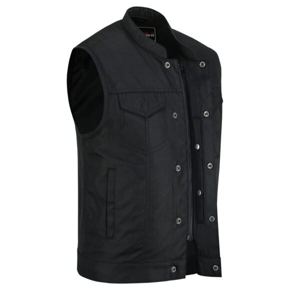 mens black textile club style biker vest | front zipper
