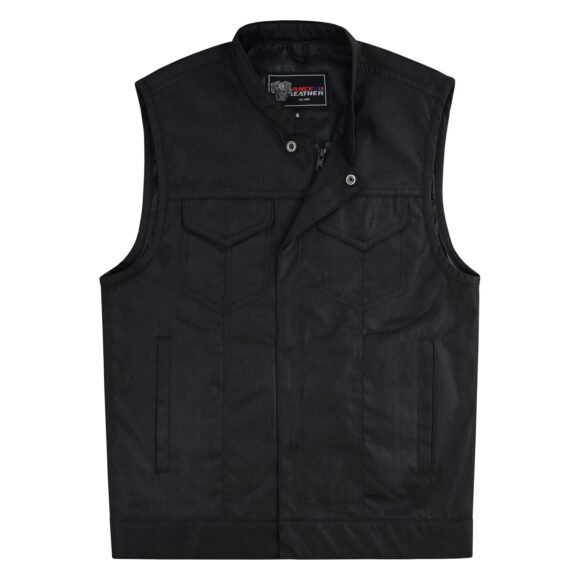 mens black textile club style biker vest | front zipper